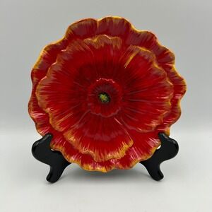 NWT Pier 1 Imports Poppy 7.75"‎ Red Flower Salad Plate Hand Painted Earthenware